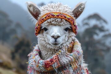 Naklejka premium A baby alpaca wearing a colorful knitted sweater, standing in a hilly pasture. The alpaca has a gentle and calm expression