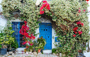 White-blue city of Sidi Bou Said, Tunisia. Eastern fairy tale with a French charm. View of an old...