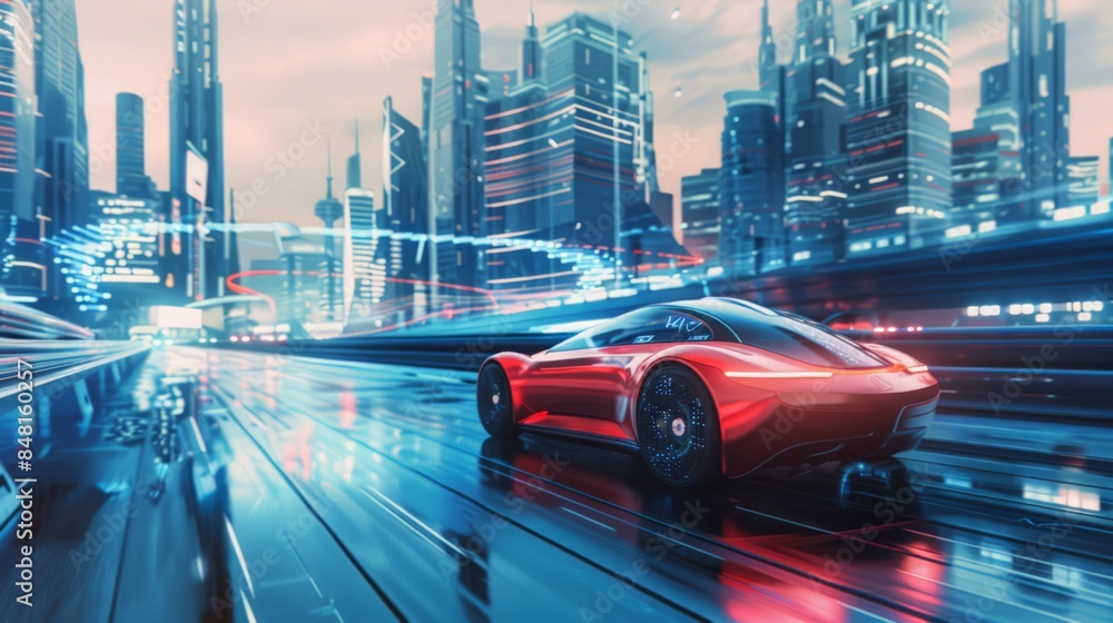 Poster an autonomous future car glides seamlessly through a smart city, using advanced ai to navigate with 