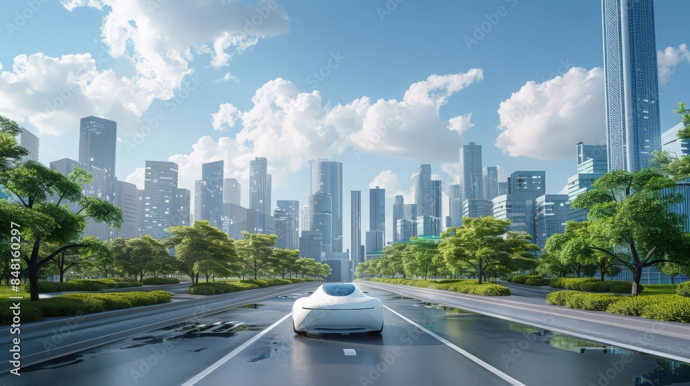 Poster an autonomous future car glides seamlessly through a smart city, using advanced ai to navigate with 