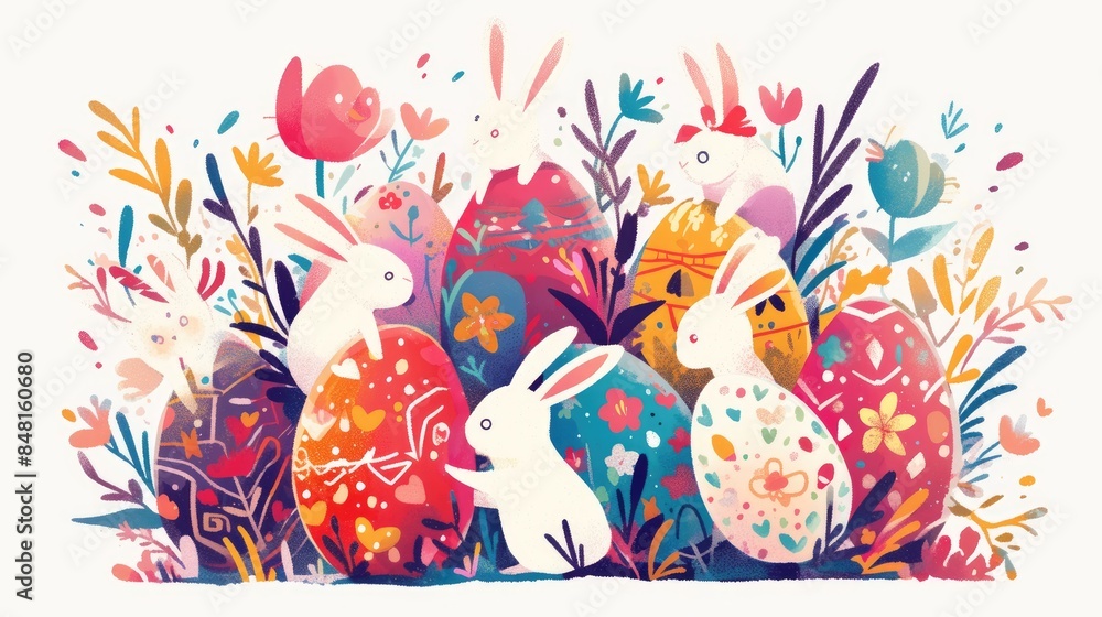 Wall mural illustration of easter eggs adorned with rabbits designed in a whimsical postcard style