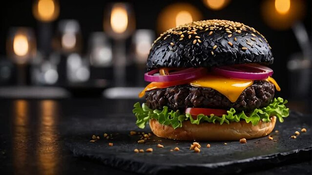 Appetizing burger with black bun