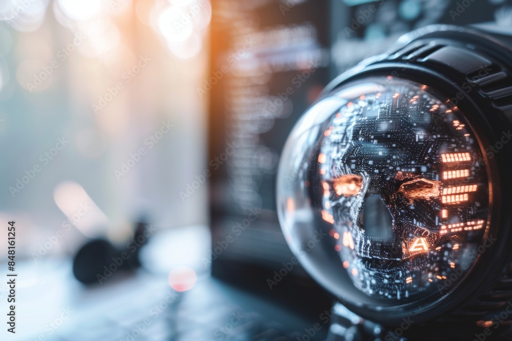 Poster crystal ball with ai interface and data visualization in office