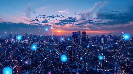 A cityscape with a lot of Wi-Fi signals. The city is lit up at night, and the Wi-Fi signals are visible in the sky. Concept of connectivity and modernity