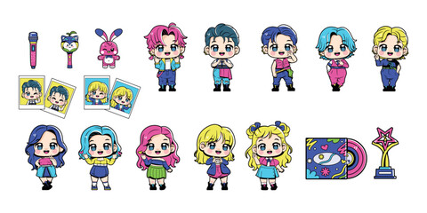 Vector Korean Cute Kpop Idol Culture Cartoon Set Illustration Isolated
