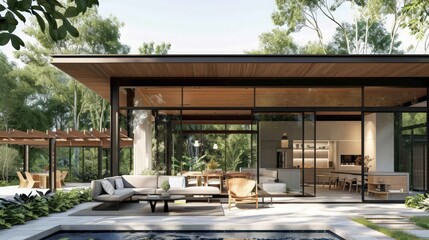 Obraz premium An open-concept house design that seamlessly blends indoor and outdoor living spaces with large glass doors