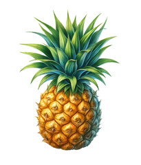 Fototapeta premium Watercolor illustration clipart of a whole pineapple with green spiky leaves isolated on transparent background