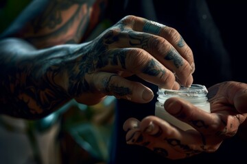 Obraz premium An image of a man carefully applying a thin layer of fragrance-free moisturizer to his new tattoo.