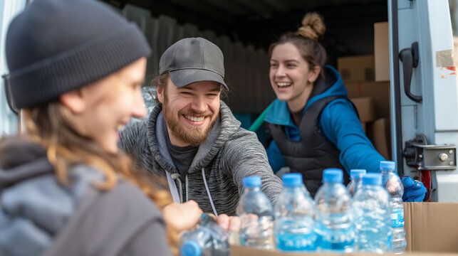 A group of volunteers carrying drinking water bottles from the car