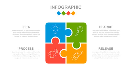 Business infographics. An infographic in the form of a puzzle consisting of 4 steps or options.  Infographics with text template for a presentation or website. Chronology of processes