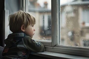 Child Alone. Sad Little Boy Looking Out of a Window, Expressing Loneliness and Grief