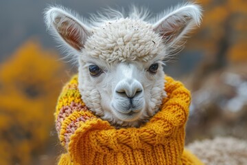 Obraz premium A baby alpaca wearing a colorful knitted sweater, standing in a hilly pasture. The alpaca has a gentle and calm expression
