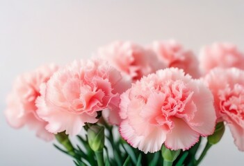 A close-up of delicate light pink carnation flowers on a light background