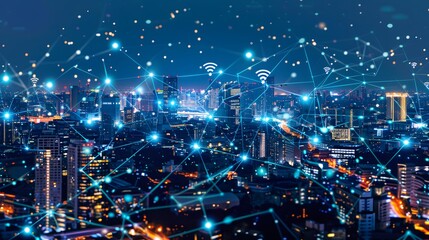 Obraz premium A cityscape with a lot of Wi-Fi signals. The city is lit up at night, and the Wi-Fi signals are visible in the sky. Concept of connectivity and modernity
