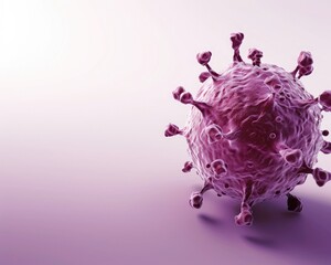 3D illustration of a purple virus particle on a soft gradient background. Medical and scientific depiction of a pathogen in high detail.