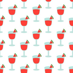 Seamless Pattern with Watermelon cocktail, juice in glass. Vector flat illustration.