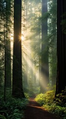 Fototapeta premium Sunbeams gently filter through tall forest trees, illuminating a serene path in the midst of lush greenery.