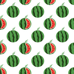 Whole and cut slice, dissected Watermelon Vector Seamless Pattern. Food Background. Summer fruit wallpaper. Flat illustration.