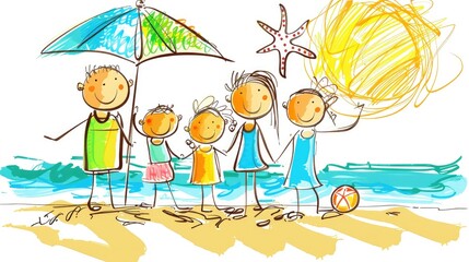 Obraz premium Cheerful family enjoying a sunny day at the beach, playing under an umbrella with a starfish and sun in the background. Colorful, playful illustration.