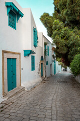 Fototapeta premium White-blue city of Sidi Bou Said, Tunisia. Eastern fairy tale with a French charm. View of an old historic building, Sidi Bou Said Carthage, Tunisia.
