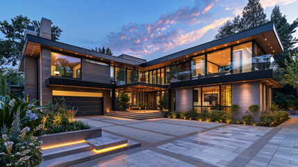 Naklejka premium Front driveway view of ultra-modern house at dusk. The surroundings of the house are decorated with a beautiful landscape.