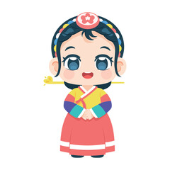 Vector Cute Girl Korean Hanbok Traditional Clothes Cartoon Character Illustration Isolated