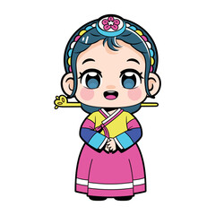 Vector Cute Girl Korean Hanbok Traditional Clothes Cartoon Character Illustration Isolated