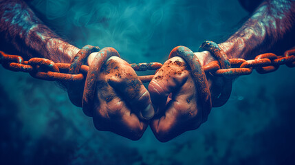 Close-up of two hands bound together by thick, rusty chains, captured against a backdrop of a deep blue, smoky haze