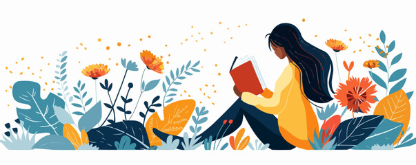 Woman reading a book. Girl enjoying literature, story. Studying, learning, self education, bookworm concept. International literacy day, book fair or festival. Vector flat 