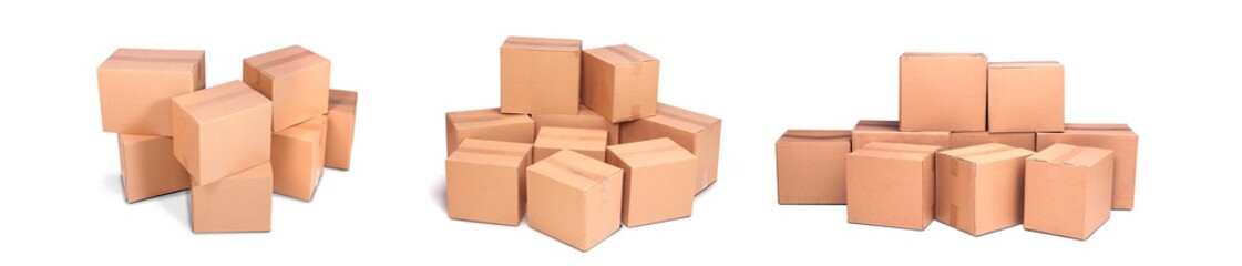 Title: cardboard pile or piles box or stack carton isolated on white background. Online marketing packaging boxes and delivery