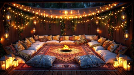 Obraz premium Set up a modern outdoor lounge area with sleek fire pits, modular seating, and cozy blankets for festive gatherings under