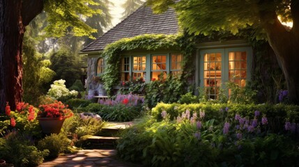 Fototapeta premium a charming cottage nestled amidst a vibrant spring garden, its windows glowing warmly against the soft green backdrop.