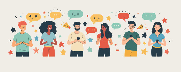 Customer feedback, testimonial, online survey concept. Group of people rating customer experience, writing review, leaving feedback. Vector flat minimalistic isolated illustration