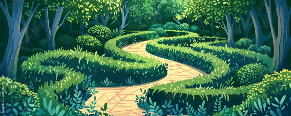 Poster magical garden labyrinth with twisting hedges and hidden pathways. vector flat minimalistic isolated