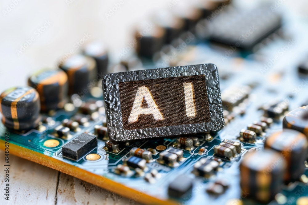 Poster close up of ai microchip on circuit board with glowing connections