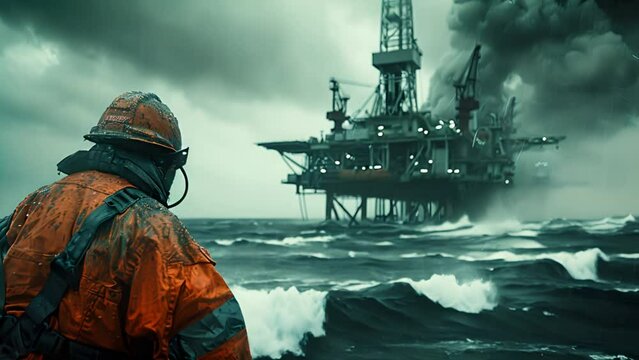 An offshore rig worker in orange rain gear faces the stormy sea, highlighting the challenging conditions and resilience required in the oil and gas industry.