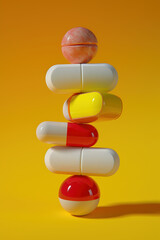 Generics, pills and tablets in a stack on yellow background. Pharmaceuticals