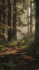 Fototapeta premium Serene forest pathway at dawn, bathed in soft sunlight, surrounded by tall trees and lush greenery, inviting a peaceful nature walk.
