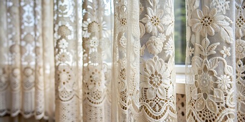 Close-up view of intricate white lace curtains in a room , lace, delicate, patterns, hanging, window, home decor