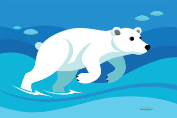 Fototapeta premium polar bear swimming in water surrounded by icebergs. The background is a night sky with northern lights and a full moon.