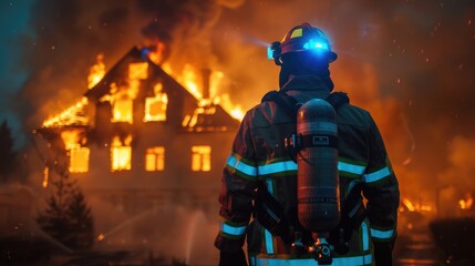 Firefighter Facing Burning House in Dramatic Scene