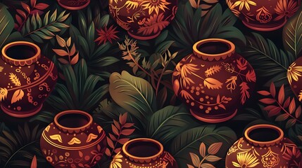 Handcrafted Traditional Indian Matka Pots with Elaborate Henna Inspired Floral Patterns and Vibrant Earthen Tones