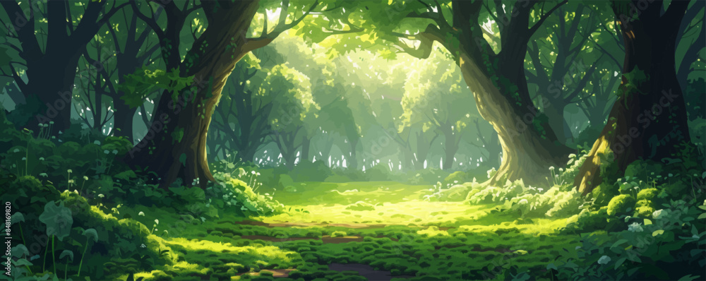 Poster enchanted forest path with sunlight filtering through the canopy and illuminating the mossy ground. 