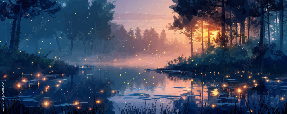 Poster mystical forest pond surrounded by towering trees and illuminated by fireflies. vector flat minimali