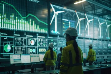 Engineers at the power generation complex control the process of producing green hydrogen based on real-time power readings from windmills.