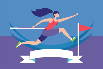 Fototapeta premium an athlete during a barrier run. she is depicted jumping over the barrier, one leg stretched forward and the other leg lagging behind.