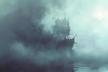 pirate ship emerging from dense fog black vessel silhouette in misty atmosphere digital painting