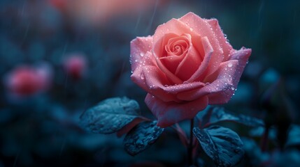 Pink Rose with Dewdrops in the Rain