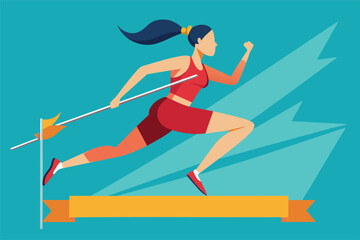 an athlete during a barrier run. she is depicted jumping over the barrier, one leg stretched forward and the other leg lagging behind.