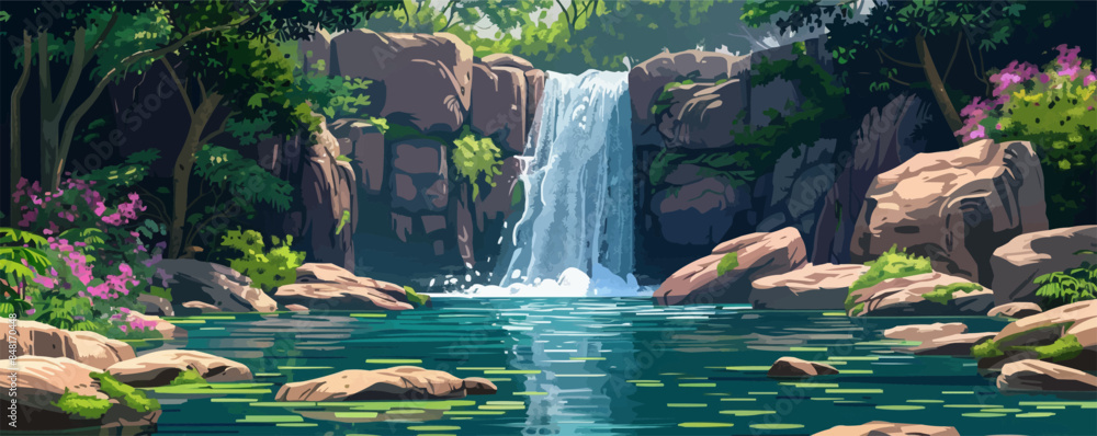 Poster enchanted waterfall cascading into a tranquil pool, surrounded by lush vegetation and hidden caves. 